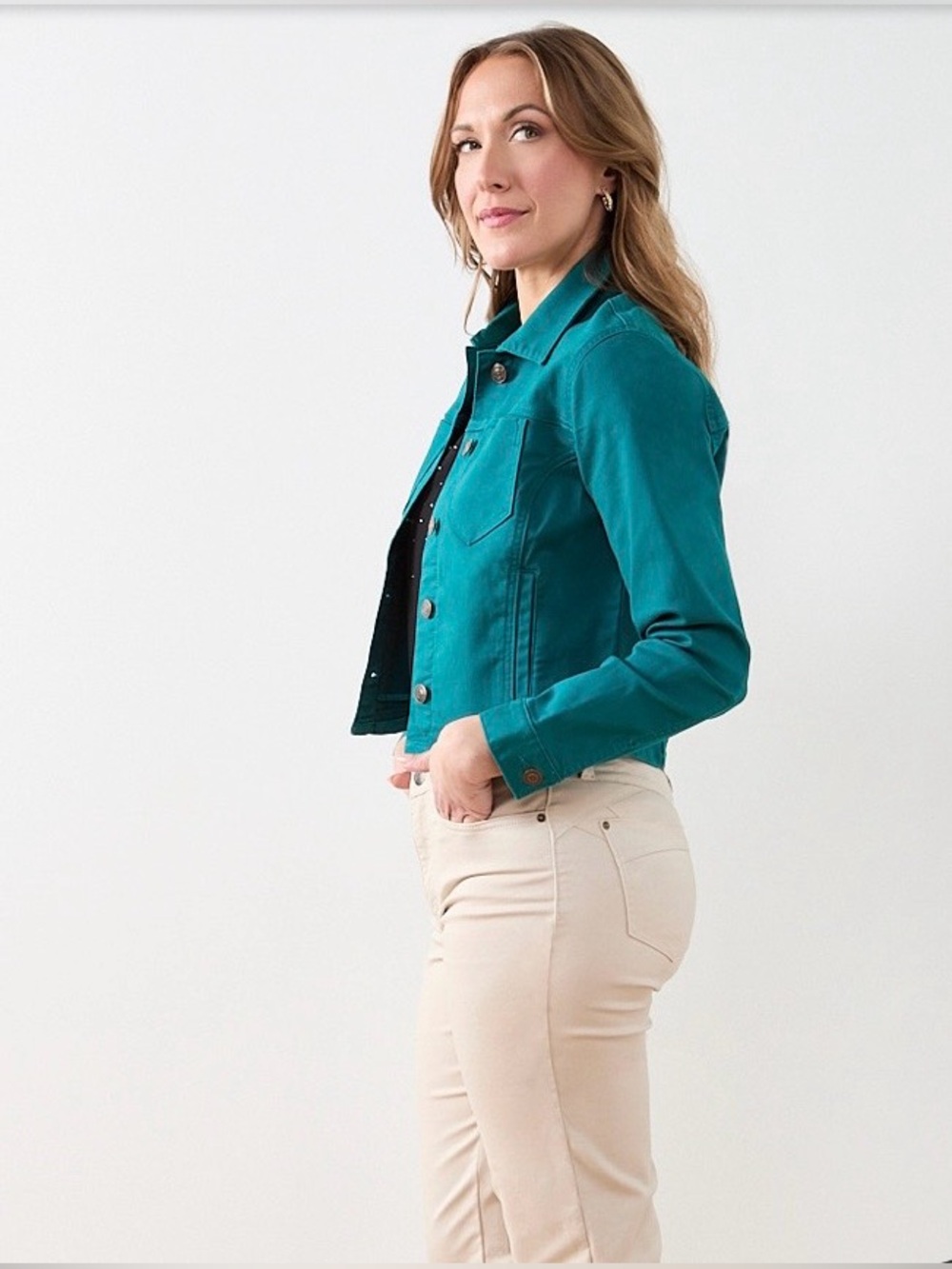 cleo Peacock (Teal) Coloured Cropped Fitted Denim Jacket Size S - Picture 6 of 12